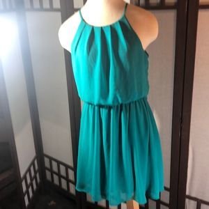 BCX Teal Sleeveless Dress Medium Flowy Chiffon Lined Skirt, Keyhole Button
